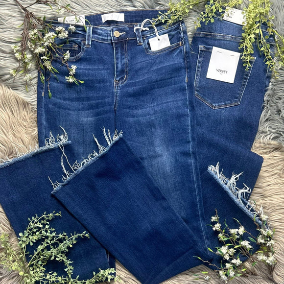 Mid Rise Mini Flare Raw Hem Jeans