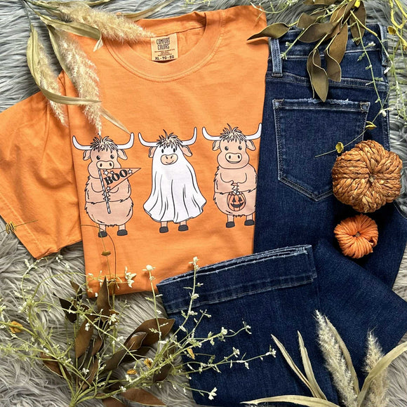 Spooky Highland Cows Burnt Orange Comfort Colors Tee