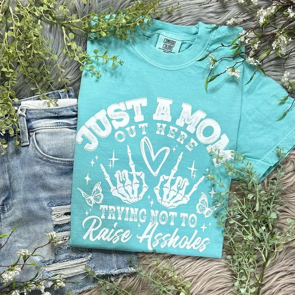 Just a Mom Lagoon Comfort Colors Tee