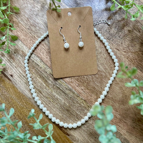 Simple Pearl Bead Necklace & Dangle Earrings