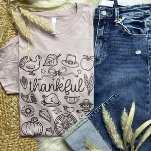 Thankful Doodle Collage Pink Gravel Tee