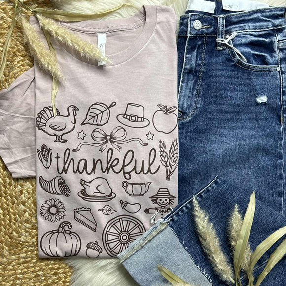 Thankful Doodle Collage Pink Gravel Tee