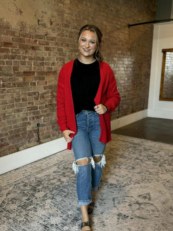 Waffle Knit Cardigan - Red