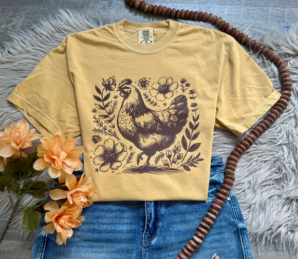 Flower Chicken Mustard Comfort Colors Tee